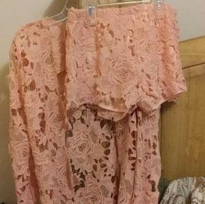 2 piece peach, floral design outfit